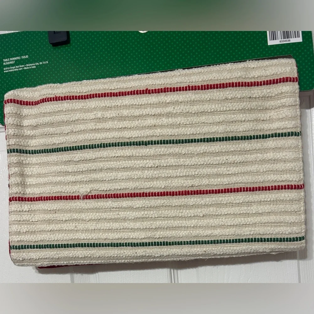 Sleigh Bell Bistro Christmas Table Runner Cream Red Green Stripe Farmhouse NEW